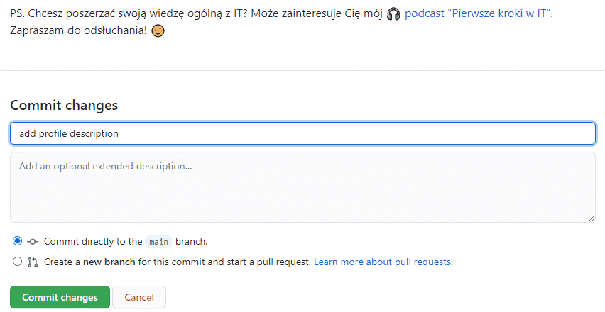 Screen commitowania zmian w readme do gałęzi main