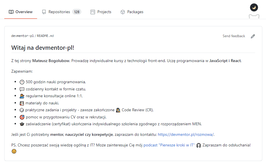 Screen gotowego readme profilowego na GitHubie
