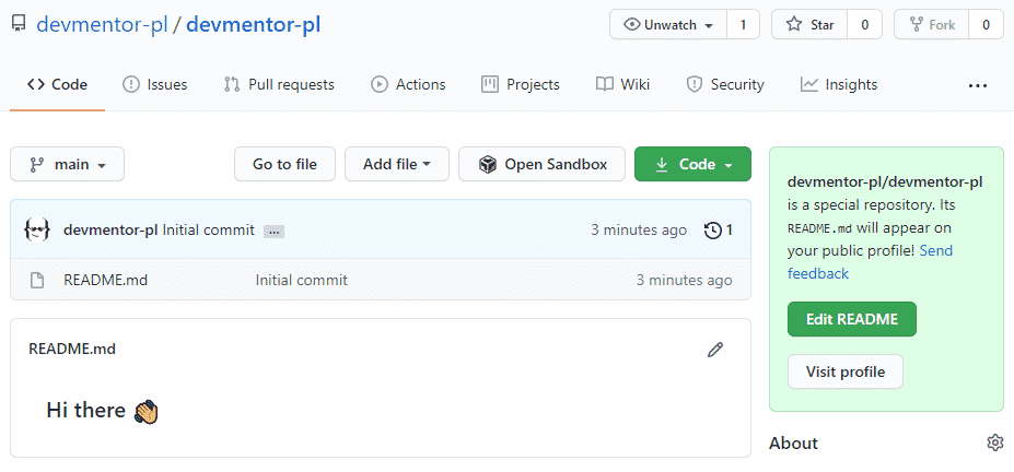 Screen utworzonego repozytorium z readme profilowym