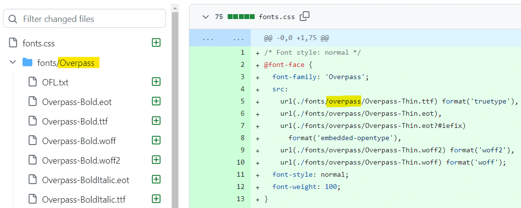 Katalog plików Overpass ma wielką literę, a w pliku fonts.css w ścieżkach prowadzących do tego katalogu litera jest mała.