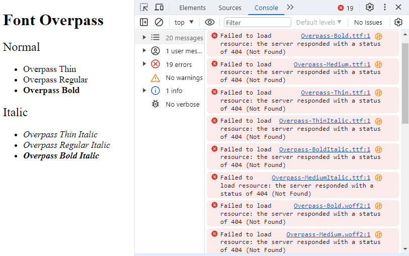 Na stronie wyświetla się tekst z domyślnym fontem, a w konsoli są błędy "failed to load resource", ponieważ GitHub Pages nie potrafią rozpoznać ścieżek do plików z fontami. 