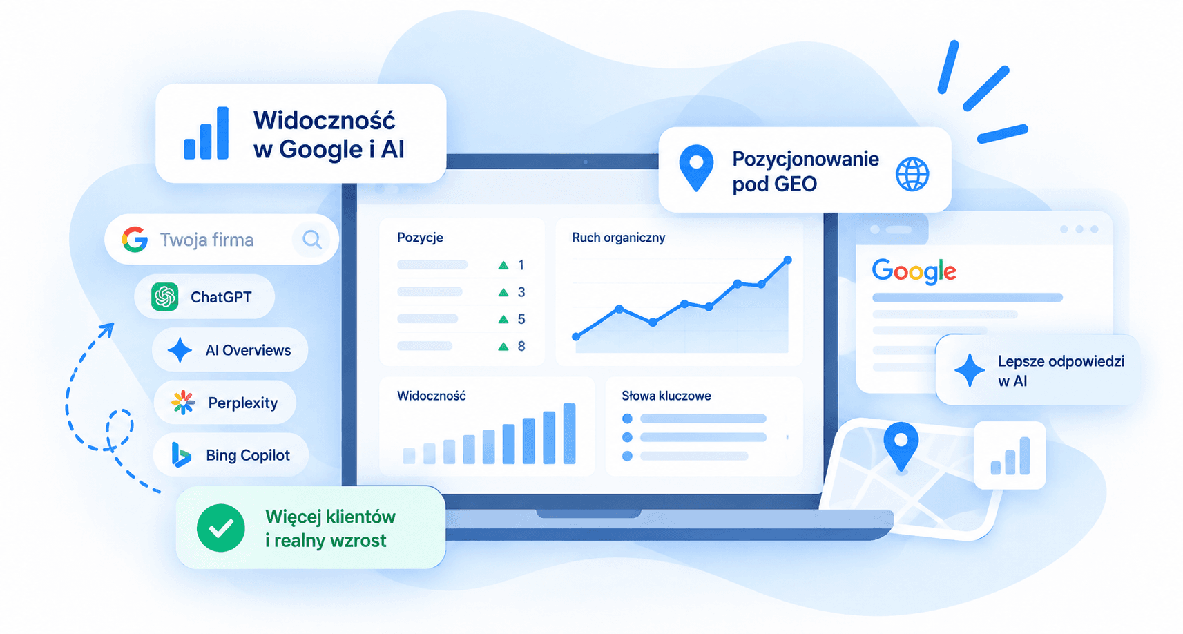 Ilustracja panelu z rosnącymi pozycjami, wykresem ruchu organicznego i widocznością słów kluczowych, otoczona ikonami ChatGPT, AI Overviews, Perplexity i Bing Copilot oraz wynikiem wyszukiwania Google. Hasła: widoczność w Google i AI, lepsze odpowiedzi w AI, więcej klientów i realny wzrost.