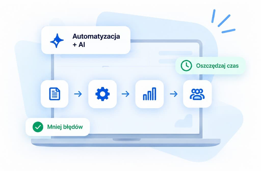 Ilustracja procesu automatyzacji na laptopie: od dokumentu, przez przetwarzanie i analizę, do pracy zespołu. Hasła: oszczędzaj czas, mniej błędów.