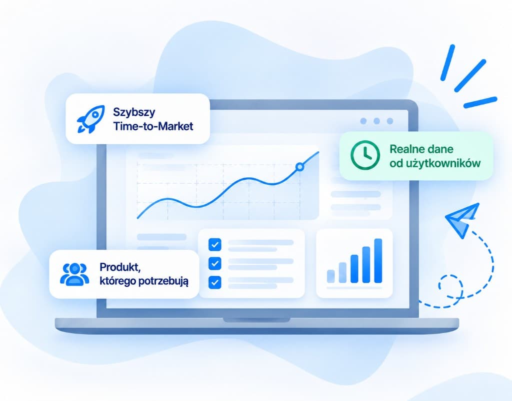 Ilustracja laptopa z dashboardem analitycznym. Hasła: szybszy time-to-market, produkt, którego potrzebują, realne dane od użytkowników.